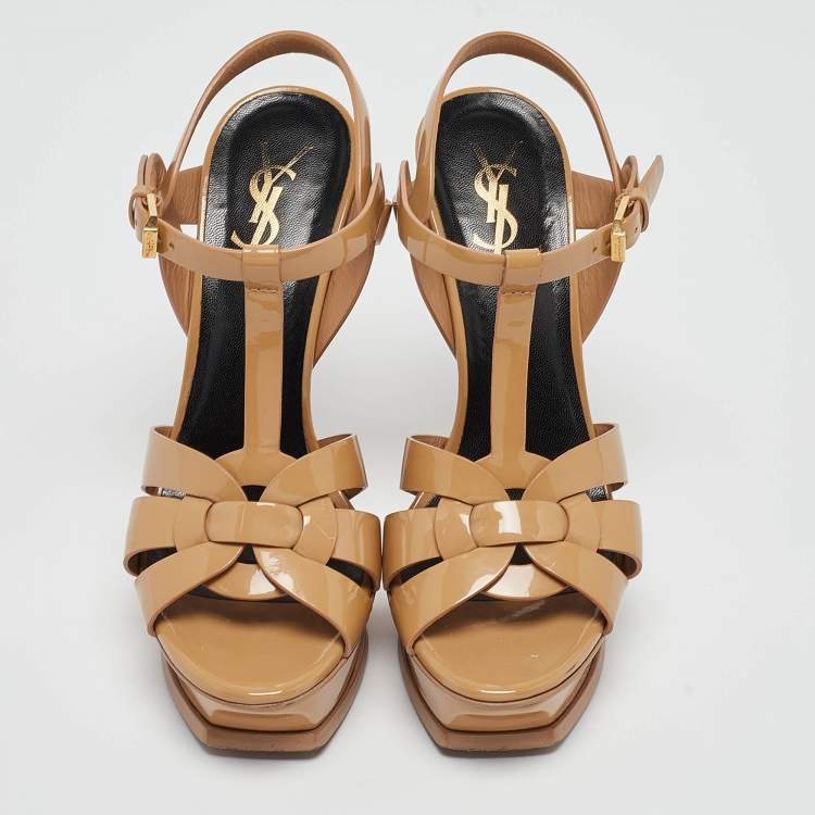 Pre Owned Saint Laurent Beige Patent Leather Tribute Sandals Size 36
