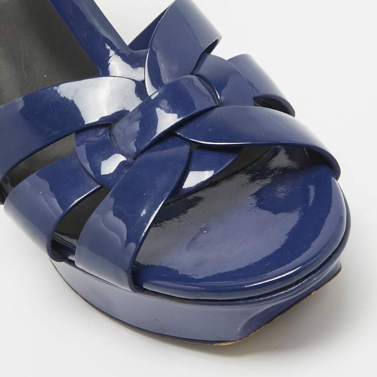 Pre Owned Saint Laurent Navy Blue Patent Leather Tribute Sandals Size 38