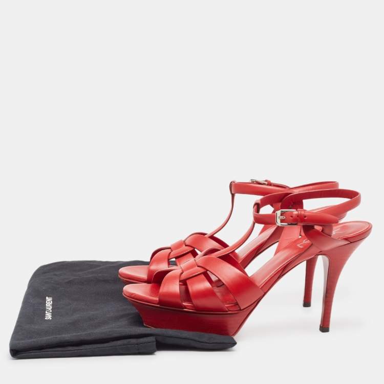 Pre Owned Saint Laurent Red Leather Tribute Ankle Sandals Size 39.5