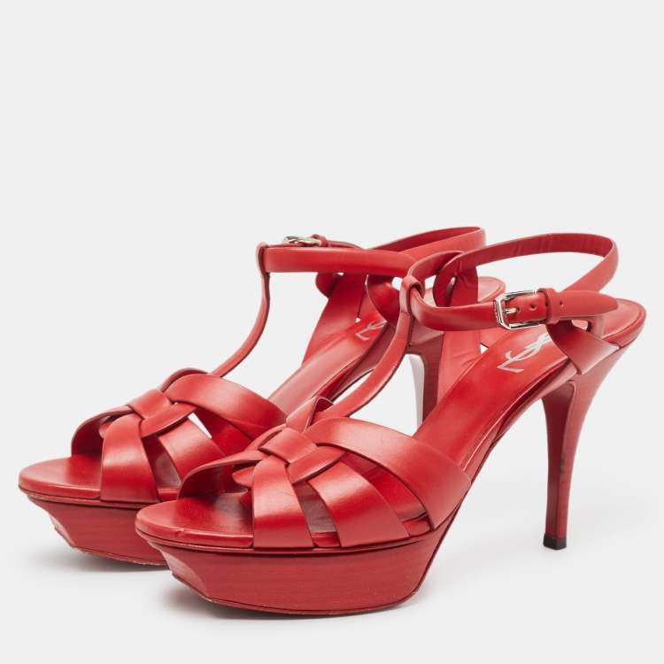 Pre Owned Saint Laurent Red Leather Tribute Ankle Sandals Size 39.5