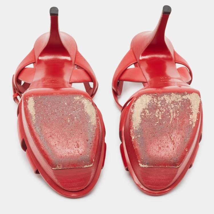 Pre Owned Saint Laurent Red Leather Tribute Ankle Sandals Size 39.5