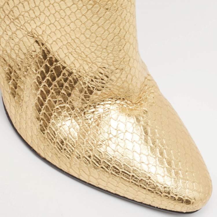 Pre Owned Saint Laurent Gold Python Embossed Leather Lily Knee Length Boots Size 35