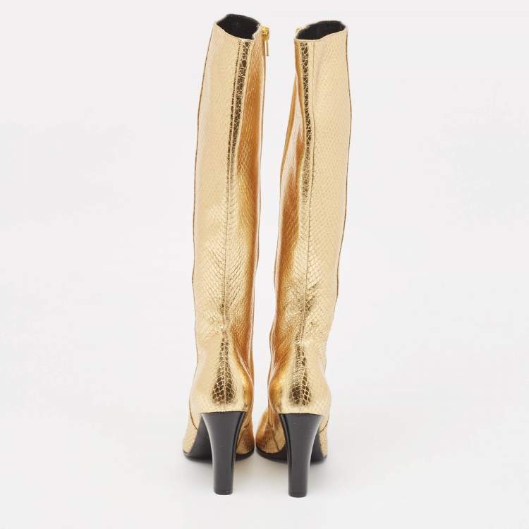 Pre Owned Saint Laurent Gold Python Embossed Leather Lily Knee Length Boots Size 35