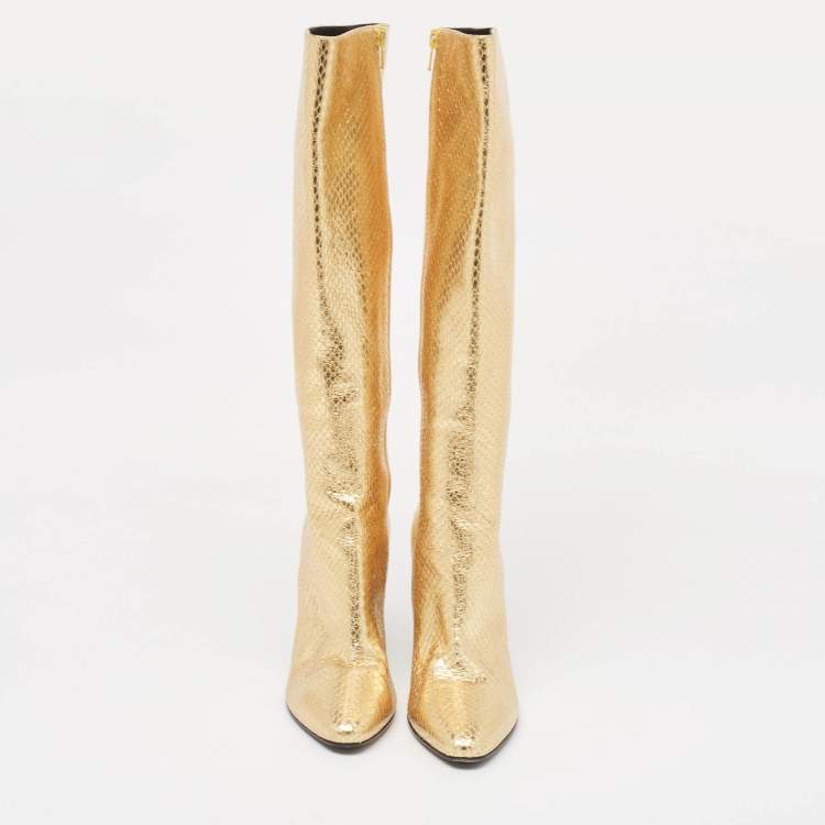 Pre Owned Saint Laurent Gold Python Embossed Leather Lily Knee Length Boots Size 35