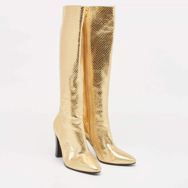 Pre Owned Saint Laurent Gold Python Embossed Leather Lily Knee Length Boots Size 35