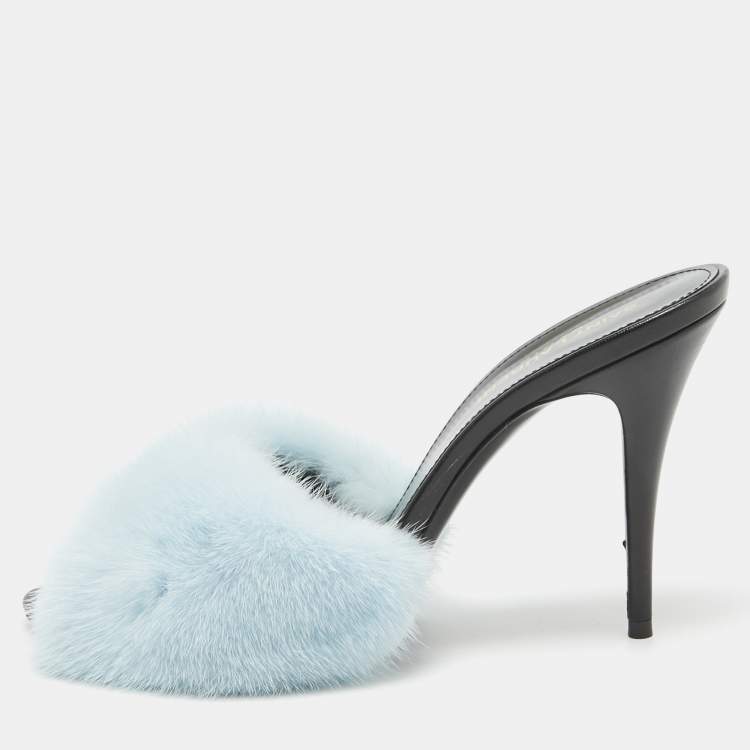Pre Owned Saint Laurent Blue Mink Fur Roy Slide Sandals Size 39