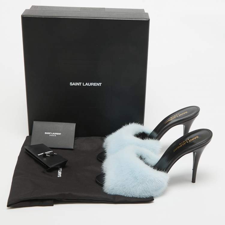 Pre Owned Saint Laurent Blue Mink Fur Roy Slide Sandals Size 39