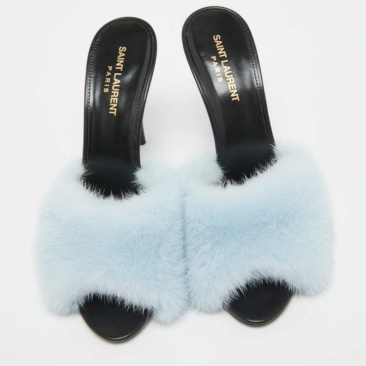 Pre Owned Saint Laurent Blue Mink Fur Roy Slide Sandals Size 39