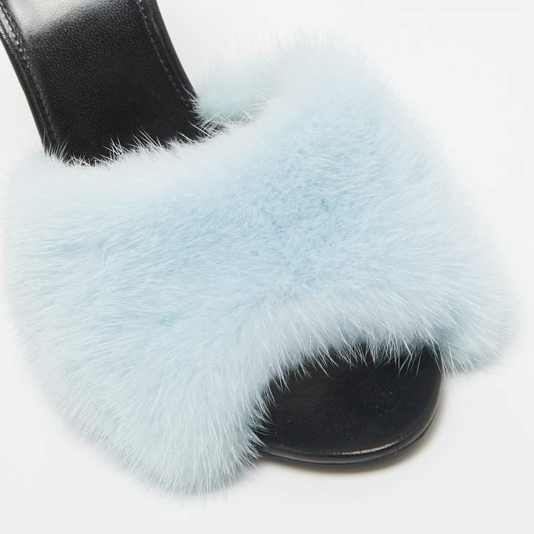 Pre Owned Saint Laurent Blue Mink Fur Roy Slide Sandals Size 39