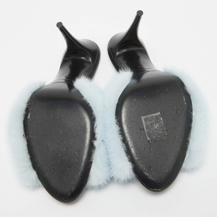 Pre Owned Saint Laurent Blue Mink Fur Roy Slide Sandals Size 39