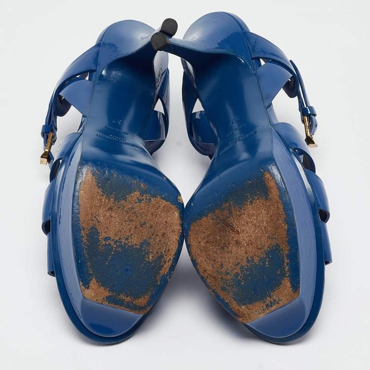 Pre Owned Saint Laurent Paris Navy Blue Patent Leather Tribute Platform Ankle Strap Sandals Size 37