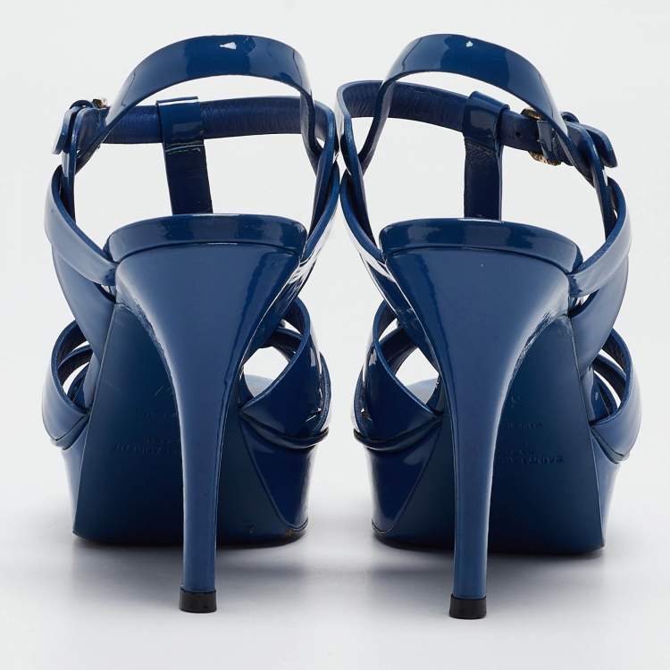 Pre Owned Saint Laurent Paris Navy Blue Patent Leather Tribute Platform Ankle Strap Sandals Size 37