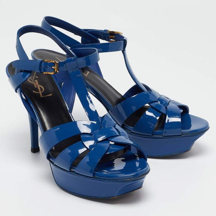 Pre Owned Saint Laurent Paris Navy Blue Patent Leather Tribute Platform Ankle Strap Sandals Size 37