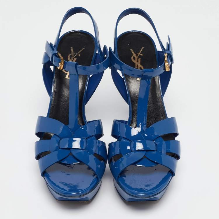 Pre Owned Saint Laurent Paris Navy Blue Patent Leather Tribute Platform Ankle Strap Sandals Size 37