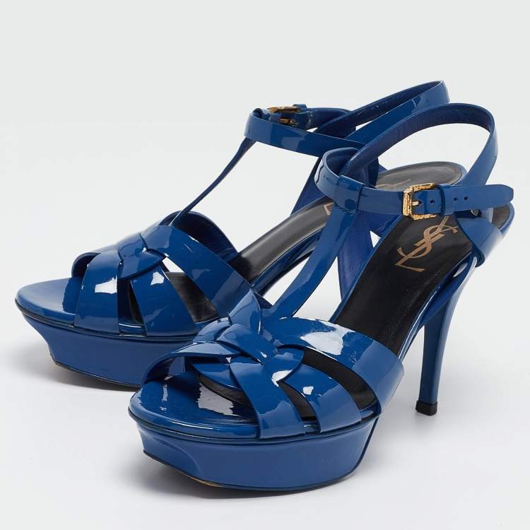 Pre Owned Saint Laurent Paris Navy Blue Patent Leather Tribute Platform Ankle Strap Sandals Size 37