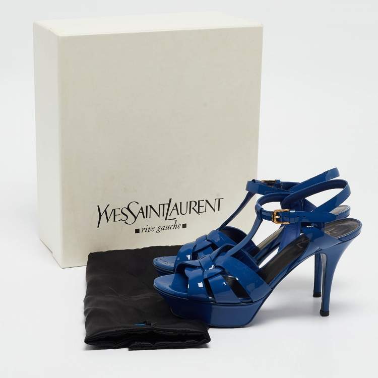 Pre Owned Saint Laurent Paris Navy Blue Patent Leather Tribute Platform Ankle Strap Sandals Size 37