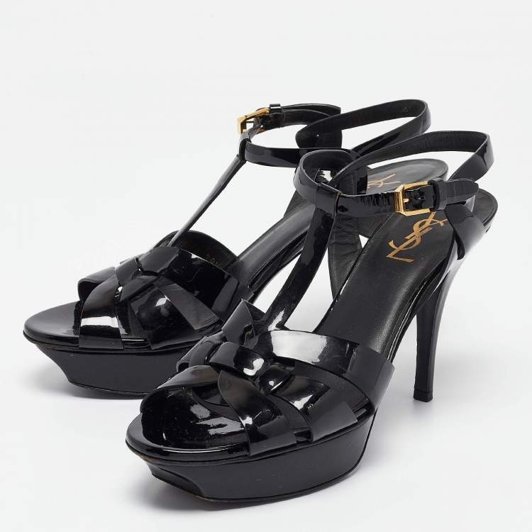 Pre Owned Saint Laurent Black Patent Leather Tribute Sandals Size 39.5