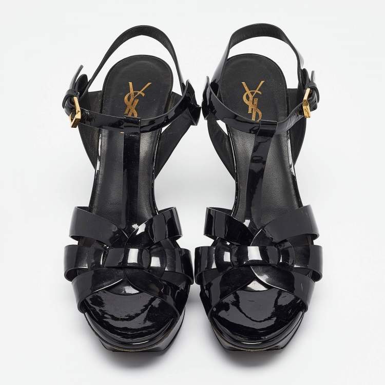 Pre Owned Saint Laurent Black Patent Leather Tribute Sandals Size 39.5