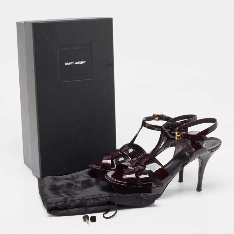 Pre Owned Saint Laurent Paris Burgundy Patent Leather Tribute Platform Ankle Strap Sandals Size 37