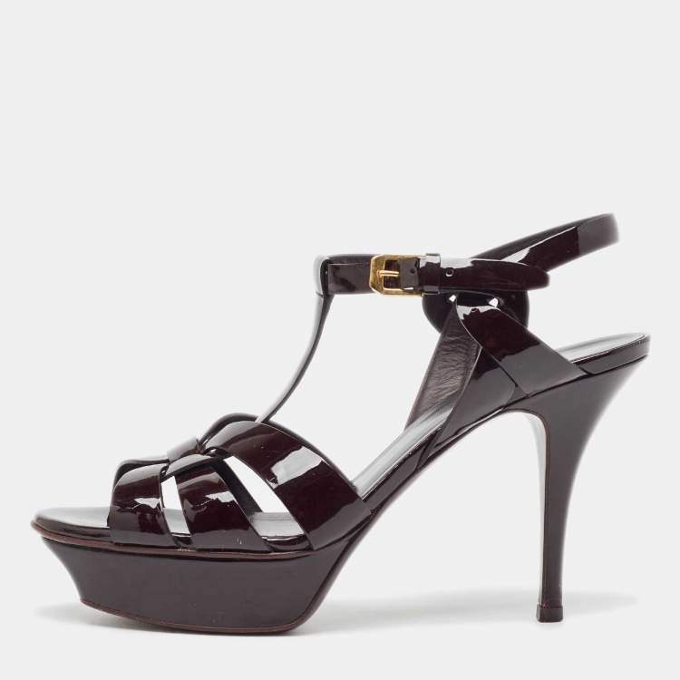 Pre Owned Saint Laurent Paris Burgundy Patent Leather Tribute Platform Ankle Strap Sandals Size 37