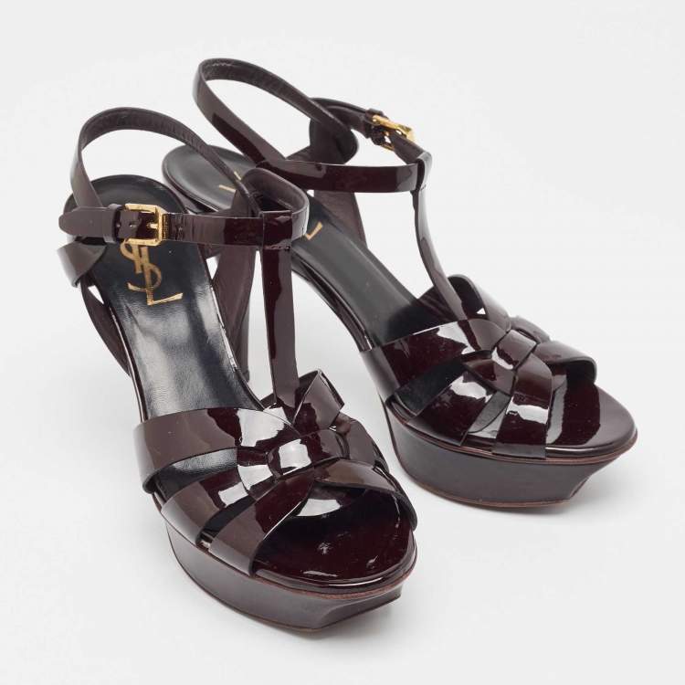 Pre Owned Saint Laurent Paris Burgundy Patent Leather Tribute Platform Ankle Strap Sandals Size 37