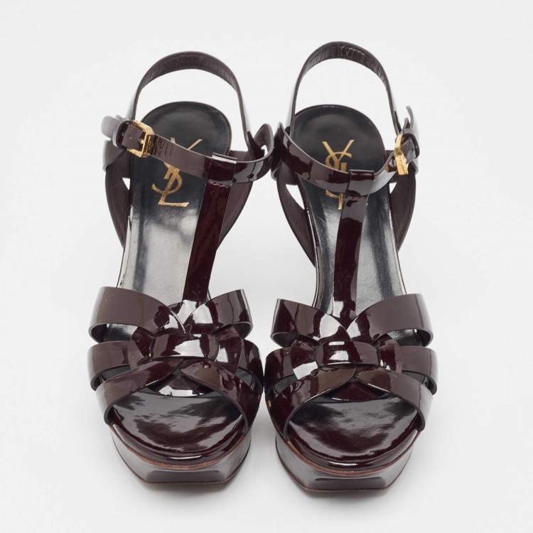 Pre Owned Saint Laurent Paris Burgundy Patent Leather Tribute Platform Ankle Strap Sandals Size 37