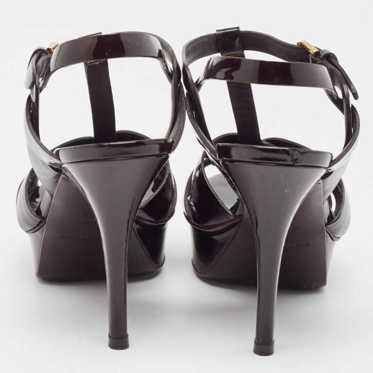Pre Owned Saint Laurent Paris Burgundy Patent Leather Tribute Platform Ankle Strap Sandals Size 37