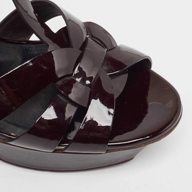 Pre Owned Saint Laurent Paris Burgundy Patent Leather Tribute Platform Ankle Strap Sandals Size 37