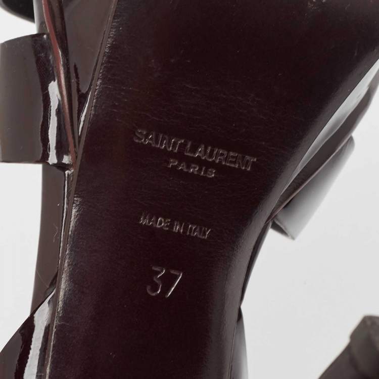 Pre Owned Saint Laurent Paris Burgundy Patent Leather Tribute Platform Ankle Strap Sandals Size 37