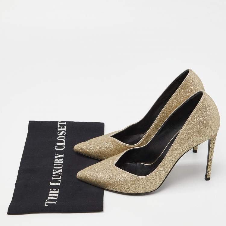 Pre Owned Saint Laurent Gold Glitter Pointed Toe Pumps Size 40