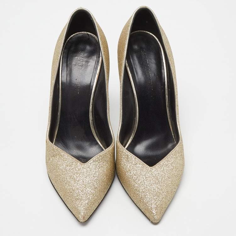 Pre Owned Saint Laurent Gold Glitter Pointed Toe Pumps Size 40