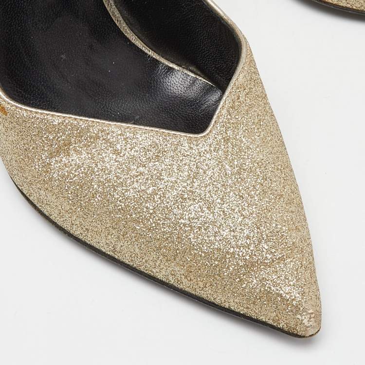 Pre Owned Saint Laurent Gold Glitter Pointed Toe Pumps Size 40
