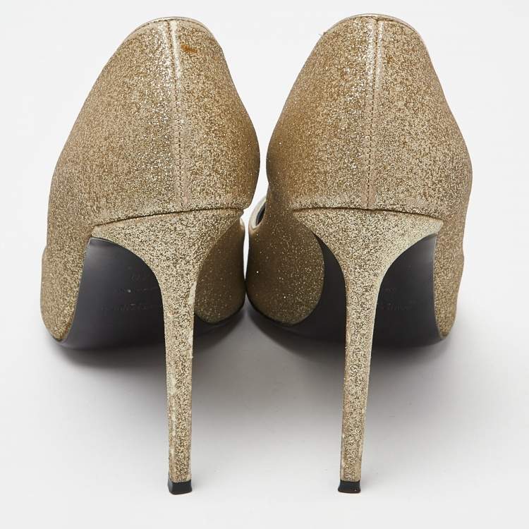 Pre Owned Saint Laurent Gold Glitter Pointed Toe Pumps Size 40