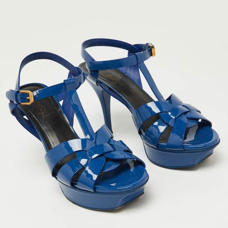 Pre Owned Saint Laurent Blue Patent Tribute Ankle Strap Sandals Size 37