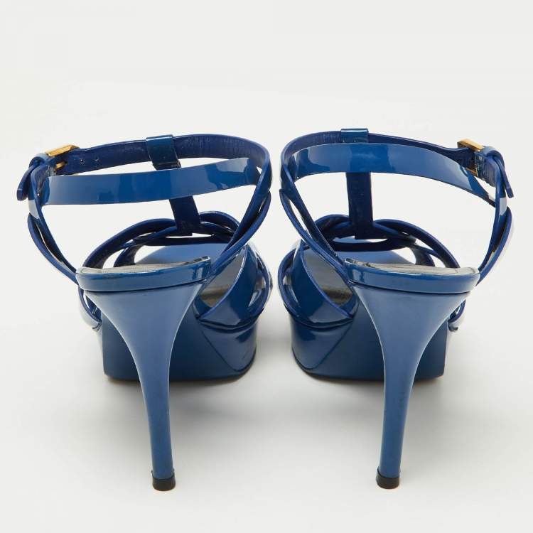 Pre Owned Saint Laurent Blue Patent Tribute Ankle Strap Sandals Size 37