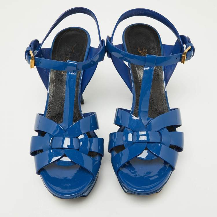 Pre Owned Saint Laurent Blue Patent Tribute Ankle Strap Sandals Size 37