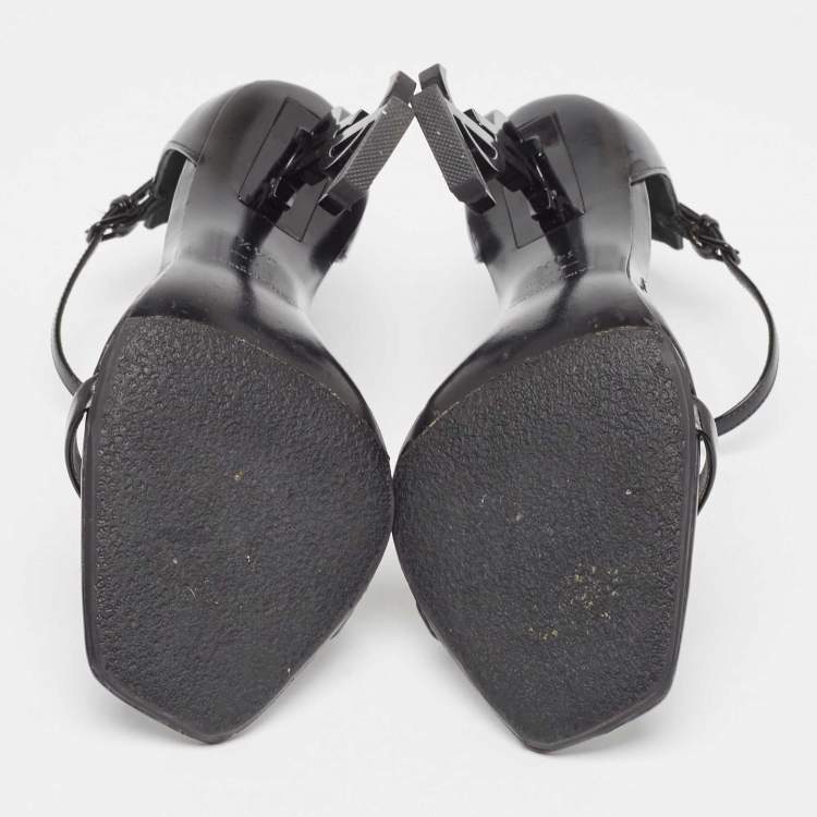 مملوكة مسبقًا Saint Laurent Black Patent Leather Opyum Ankle Strap Sandals Size 34.5