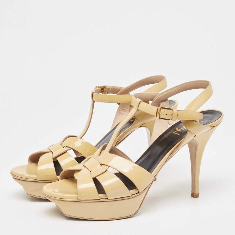 Pre Owned Saint Laurent Beige Patent Leather Tribute Sandals Size 41