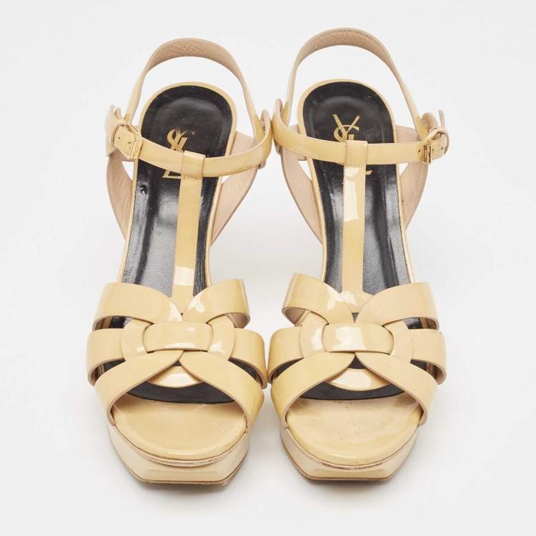Pre Owned Saint Laurent Beige Patent Leather Tribute Sandals Size 41
