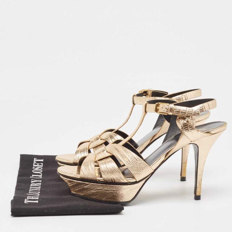 مملوكة مسبقًا Saint Laurent Paris Gold Lizard Embossed Leather Tribute Platform Ankle Strap Sandals Size 39