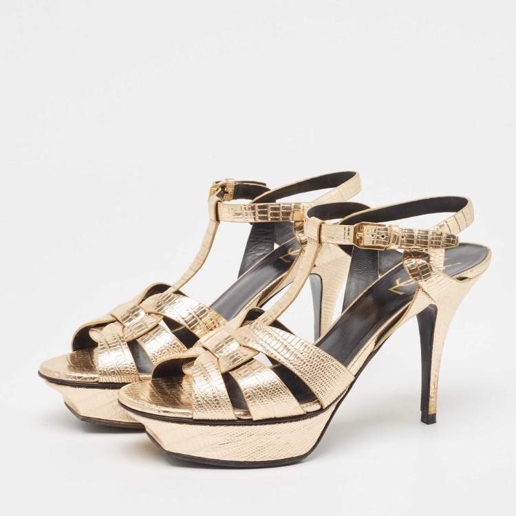 مملوكة مسبقًا Saint Laurent Paris Gold Lizard Embossed Leather Tribute Platform Ankle Strap Sandals Size 39