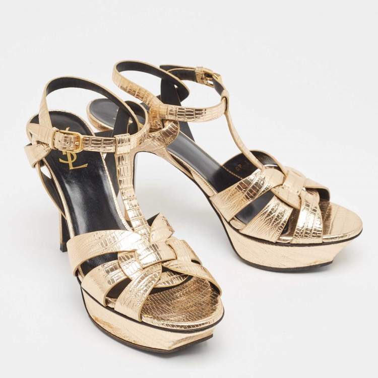 مملوكة مسبقًا Saint Laurent Paris Gold Lizard Embossed Leather Tribute Platform Ankle Strap Sandals Size 39