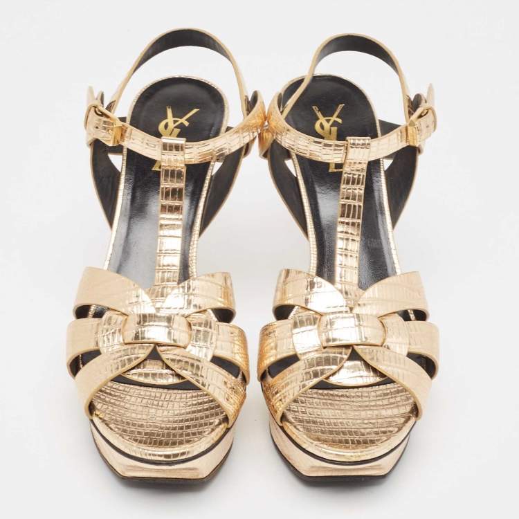 مملوكة مسبقًا Saint Laurent Paris Gold Lizard Embossed Leather Tribute Platform Ankle Strap Sandals Size 39
