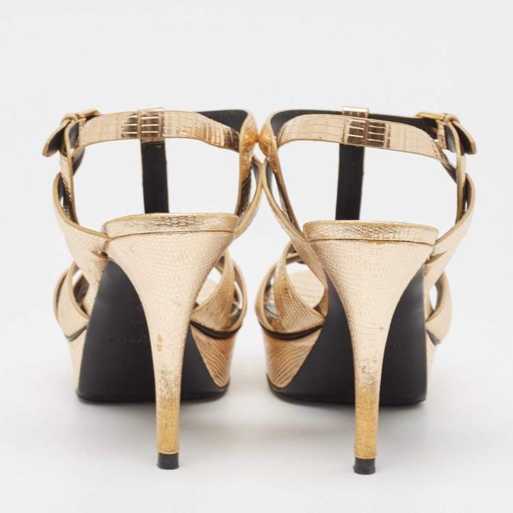 مملوكة مسبقًا Saint Laurent Paris Gold Lizard Embossed Leather Tribute Platform Ankle Strap Sandals Size 39