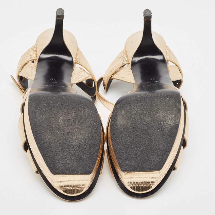 مملوكة مسبقًا Saint Laurent Paris Gold Lizard Embossed Leather Tribute Platform Ankle Strap Sandals Size 39