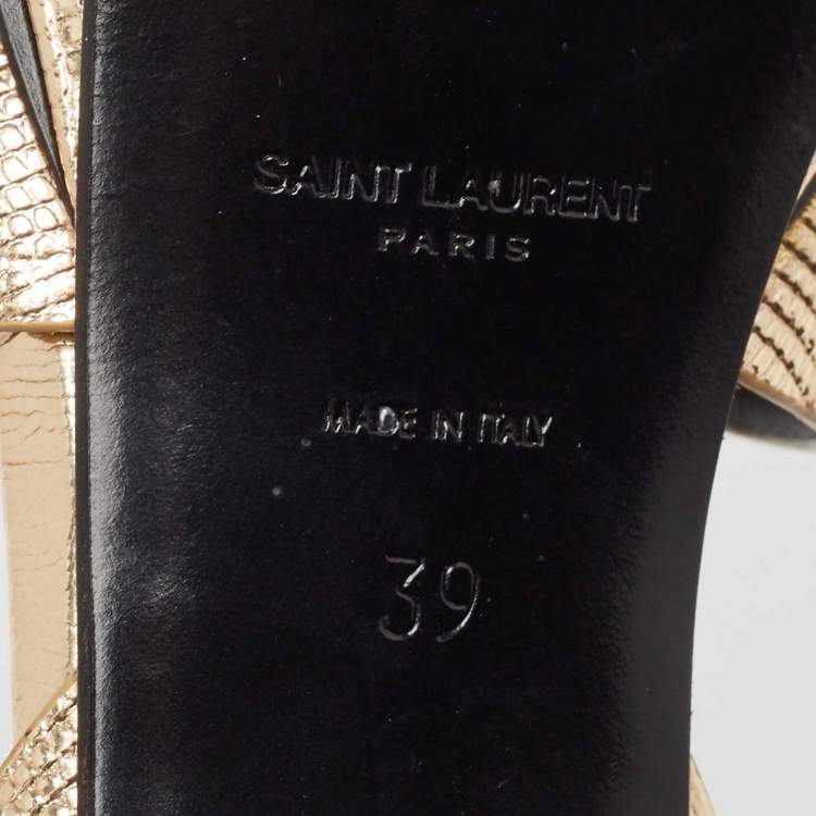 مملوكة مسبقًا Saint Laurent Paris Gold Lizard Embossed Leather Tribute Platform Ankle Strap Sandals Size 39