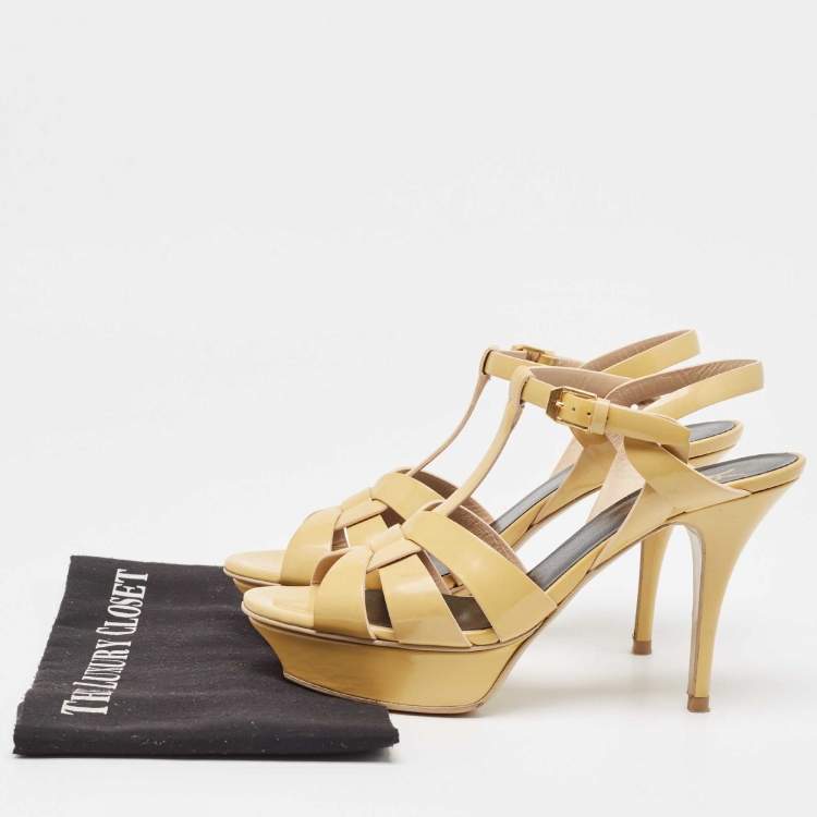 Pre Owned Saint Laurent Paris Beige Patent Leather Tribute Platform Ankle Strap Sandals Size 39