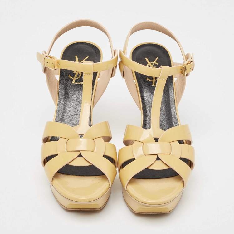 Pre Owned Saint Laurent Paris Beige Patent Leather Tribute Platform Ankle Strap Sandals Size 39