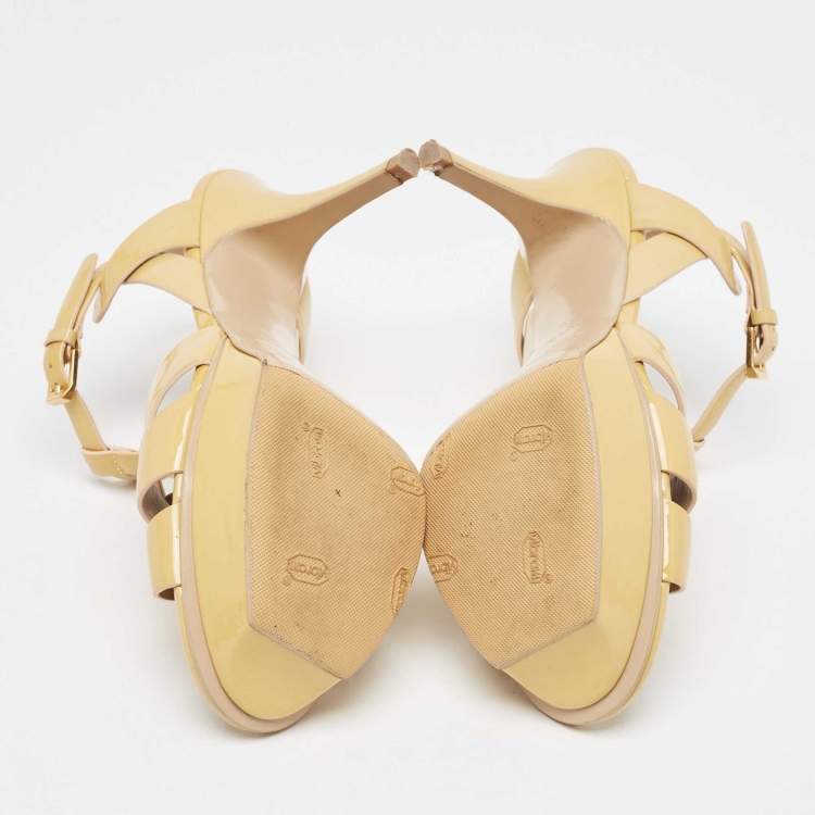Pre Owned Saint Laurent Paris Beige Patent Leather Tribute Platform Ankle Strap Sandals Size 39