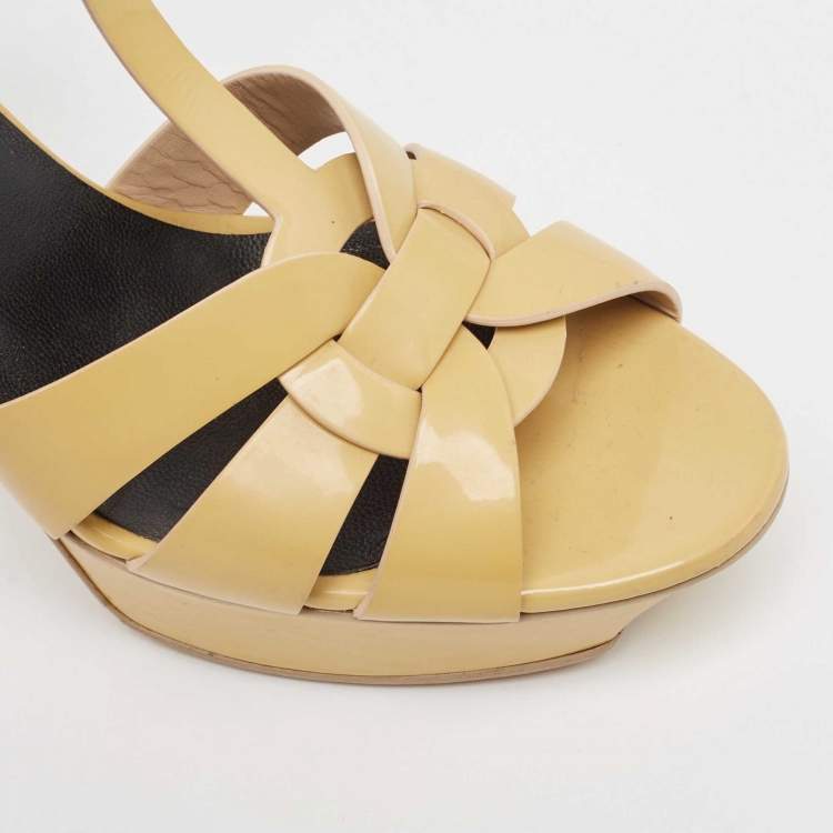 Pre Owned Saint Laurent Paris Beige Patent Leather Tribute Platform Ankle Strap Sandals Size 39